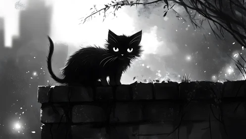 A Mysterious Black Cat on a Shadowy Rooftop.