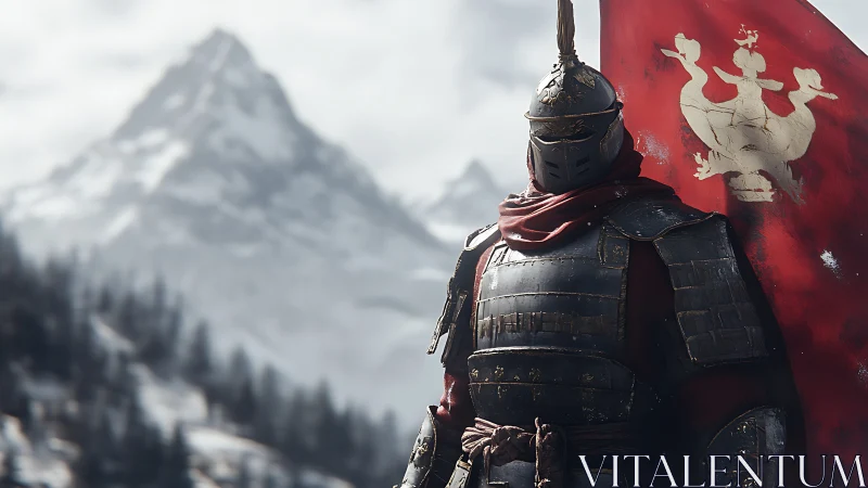 Armored medieval standard bearer before snow-covered alpine peak