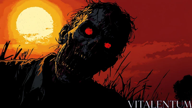 Zombie silhouette stalks bloody sunset horizon landscape.