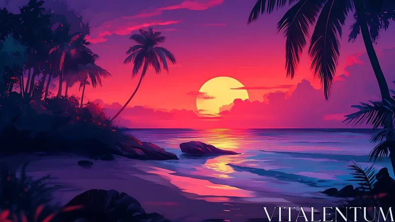 Tropical shoreline bathed in vivid neon sunset glow.