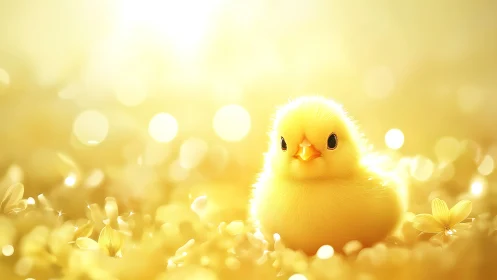 Fluffy yellow chick in glowing golden light field.