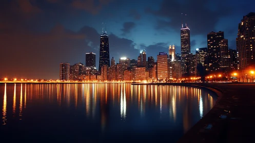 Lakeside city lights casting golden trails on calm water.