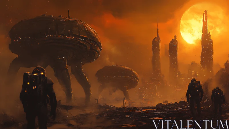 Colossal walkers escort explorers toward the molten skyline