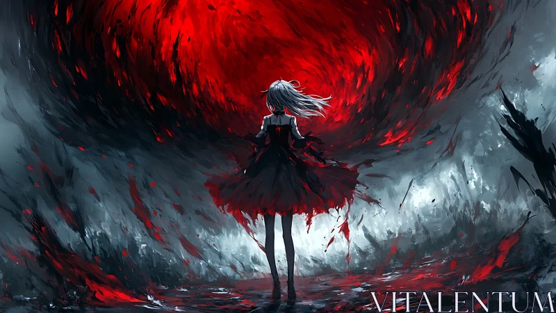 Crimson vortex engulfing lone girl in storm of abstraction.