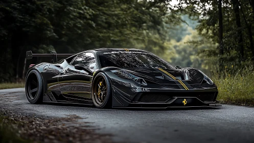 Low black supercar with yellow stripe on forest road.