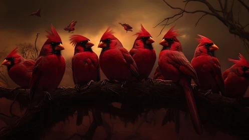 Vivid Red Cardinals Perched on Branch at Dusk in Dramatic Style.