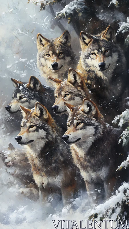 Six-wolf pack composition demonstrates layered depth in snowy forest