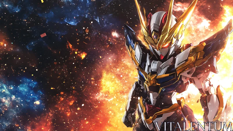 Armored mecha warrior ignites against blazing cosmic void.
