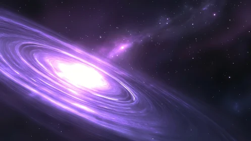 Violet accretion disk simulation around luminous galactic core.