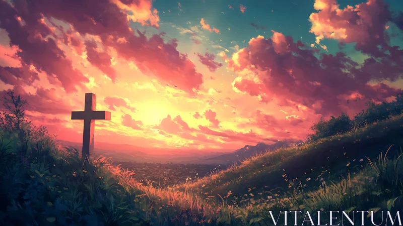 Hilltop cross bathing in a hymn of rose-gold clouds at dusk.