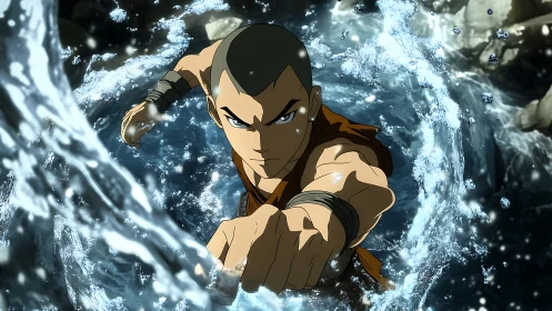 Martial waterbender channels spiraling torrents in mid-strike.