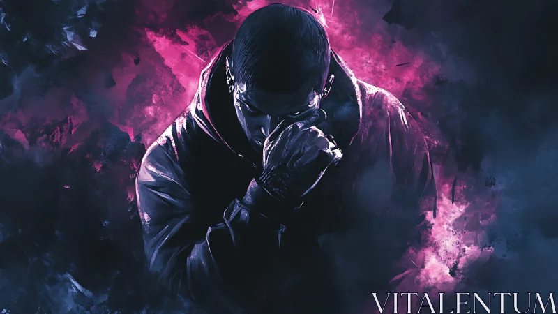 Hooded figure in dark jacket against pink smoke field.