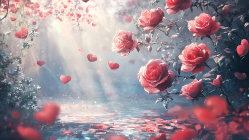 Luminous Red Roses with Falling Petals in Ethereal Light