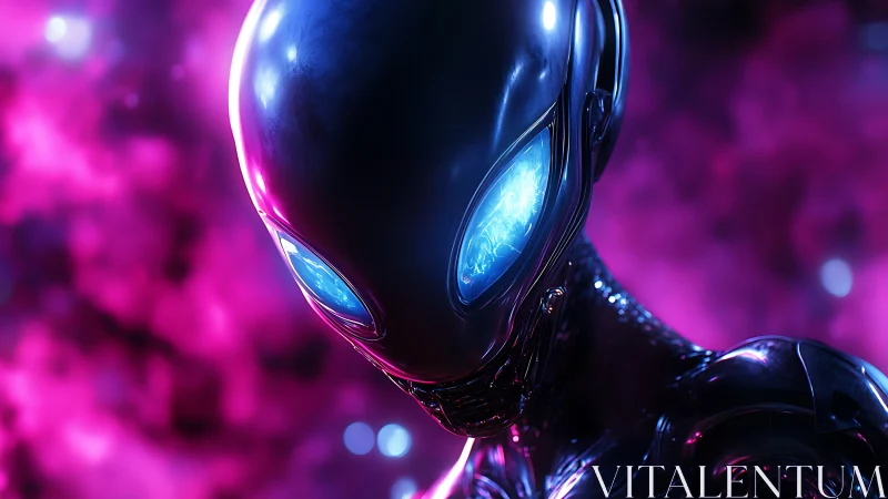 Luminous alien android emerges in vibrant neon cosmos glow