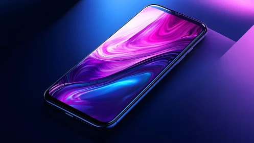 Sleek modern smartphone on neon-lit surface, digital art style.