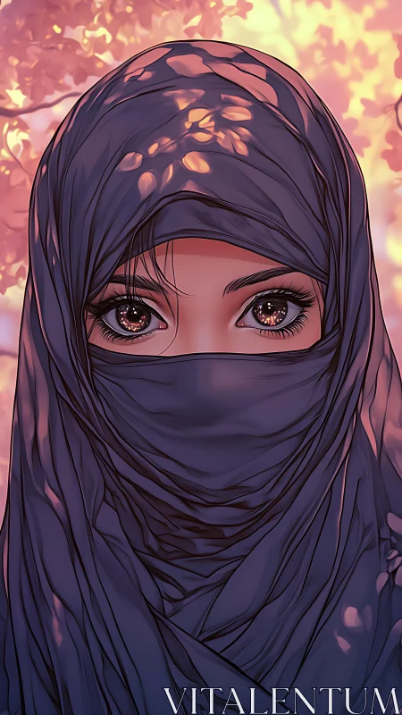 Veiled woman with detailed eyes framed by layered fabric