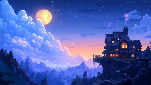 Pixel art cliffside house overlooks moonlit mountain valley