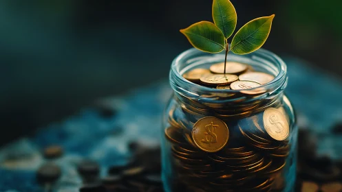 Coins quietly cradle a growing plant of hopeful profit