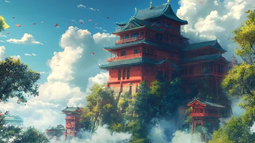 Multi-tiered red mountain complex rises above layered clouds