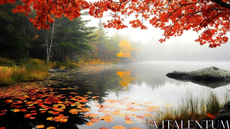 Foggy forest lake with autumn foliage and floating leaves.