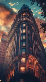 Twilight-wreathed corner tower glows against ember-streaked sky.