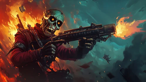 Skeletal armed figure discharges rifle amid burning background
