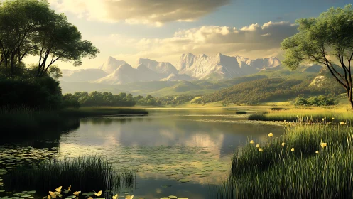 Golden light bathes a tranquil mountain lake and lush valley