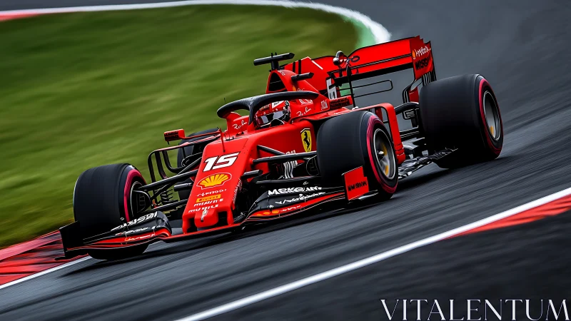 Red Formula racing car taking a fast corner on track.