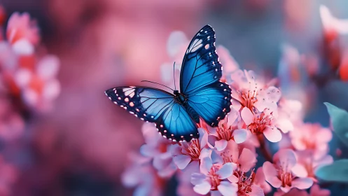 Iridescent blue butterfly resting on dreamy pink blossom field.