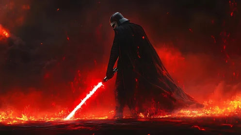 Dark warrior walks through fire with a glowing red blade