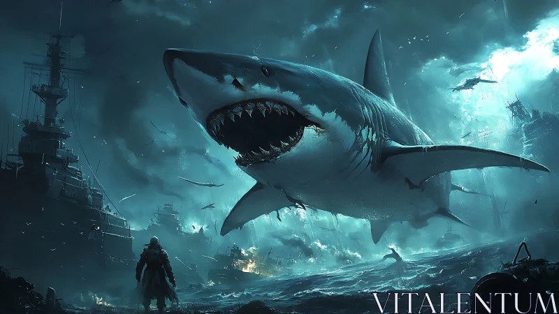 Cinematic digital painting of colossal shark assault at sea.