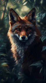 Digital fox portrait in moody forest light with vivid fur.