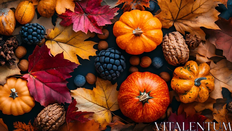 Autumn gourds, nuts and leaves arranged on dark surface.