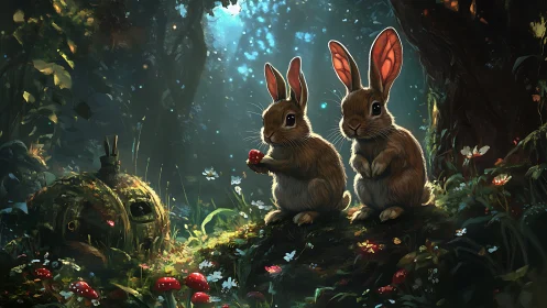 Woodland rabbits share berry in enchanted forest light.