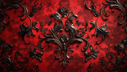 Baroque black floral scrollwork glows over deep crimson velvet
