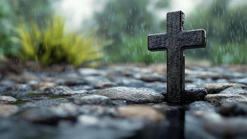 Wet stone cross marker in shallow puddled cobblestone rain