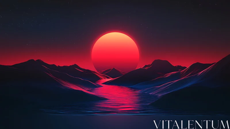 Neon red sun over procedural low‑poly mountains and water