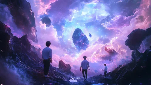 Starlit wanderers exploring a glowing cosmic dreamscape.