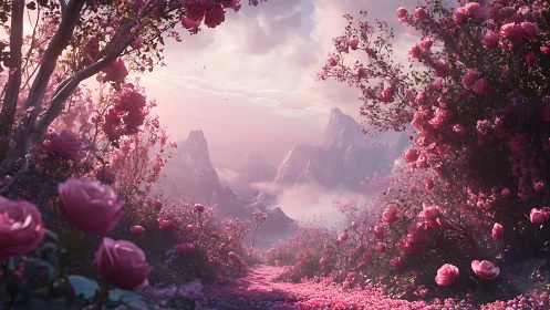 Romantic rose valley path under ethereal pink twilight sky.