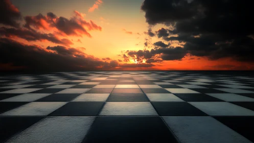 Endless checkerboard horizon glows beneath a dramatic sunset