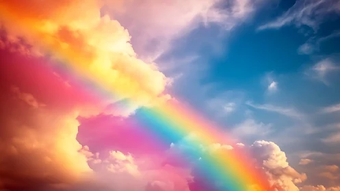 High-saturation arc rainbow diagonally bisecting cumuliform clouds