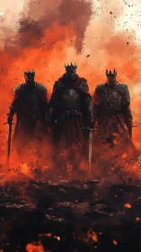Three crowned warlords stride from the inferno&rsquo;s burning veil.