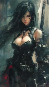 Armored gothic swordswoman in dynamic digital brushwork.