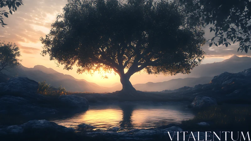 Solitary tree by reflective pond at low sun over hills.