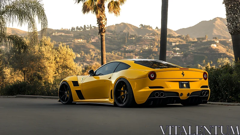 Yellow Ferrari coupe sits low under palm trees at sunset