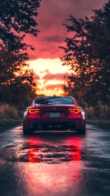 Sporty red coupe glowing against a sunset drenched road.