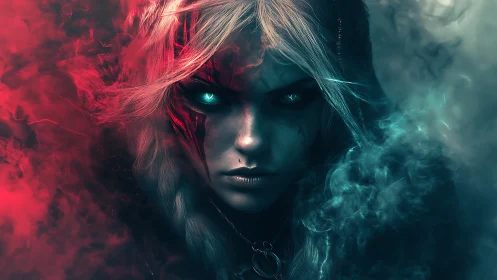 Mystic sorceress emerges through swirling red and blue mist
