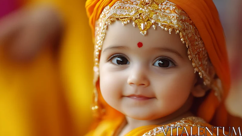 Ornately adorned infant portrait in warm saffron tones