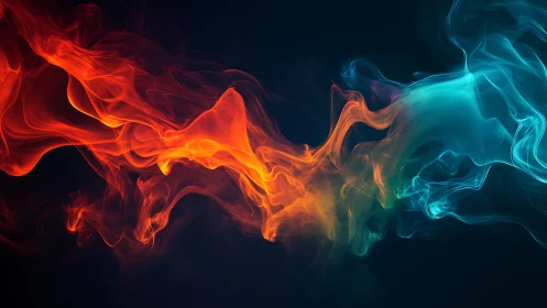 Digital painting of intersecting red and cyan energy plumes.