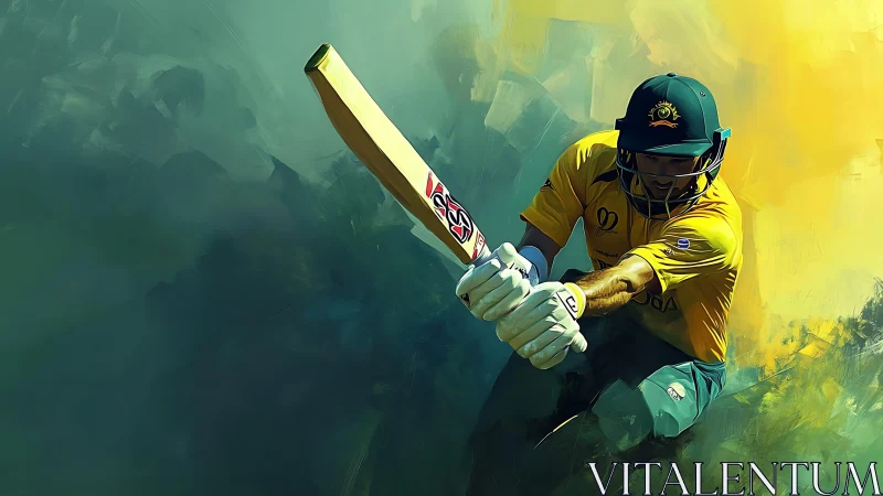 Cricket batsman drives ball through abstract teal haze